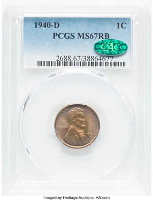 image for: 1940-D 1C MS67 Red and Brown PCGS. CAC. PCGS Population: (17/0). NGC Census: (57/0). MS67. Mintage 81,390,000. ...
