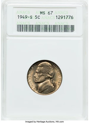 image for: 1949-S 5C MS67 ANACS. Mintage 9,716,000. ...
