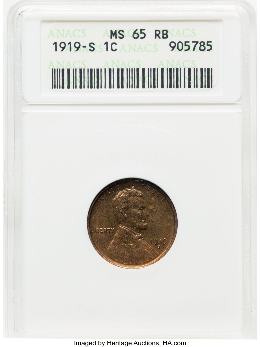 1919-S 1C MS65 Red and Brown ANACS. Mintage 139,760,000. ...