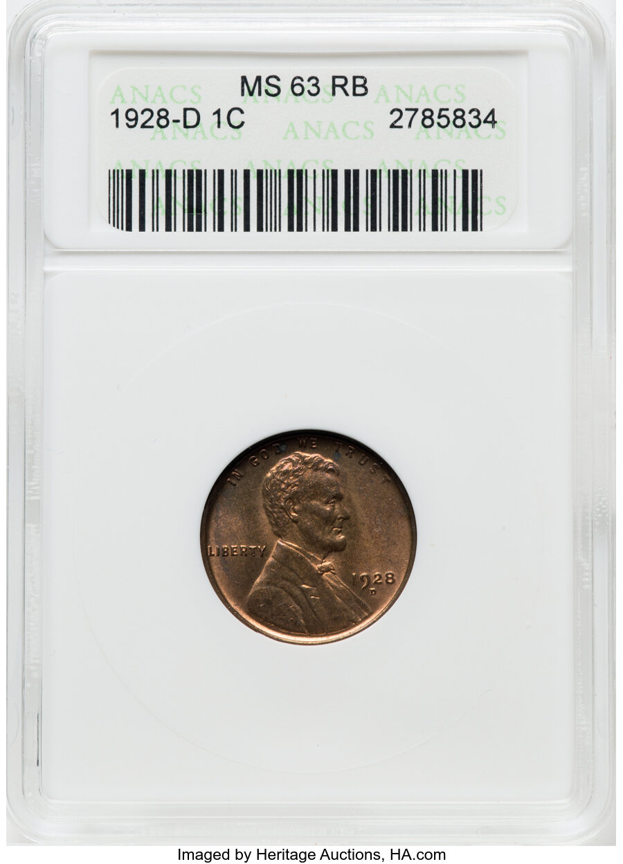 1928-D 1C MS63 Red and Brown ANACS. Mintage 31,170,000. ...