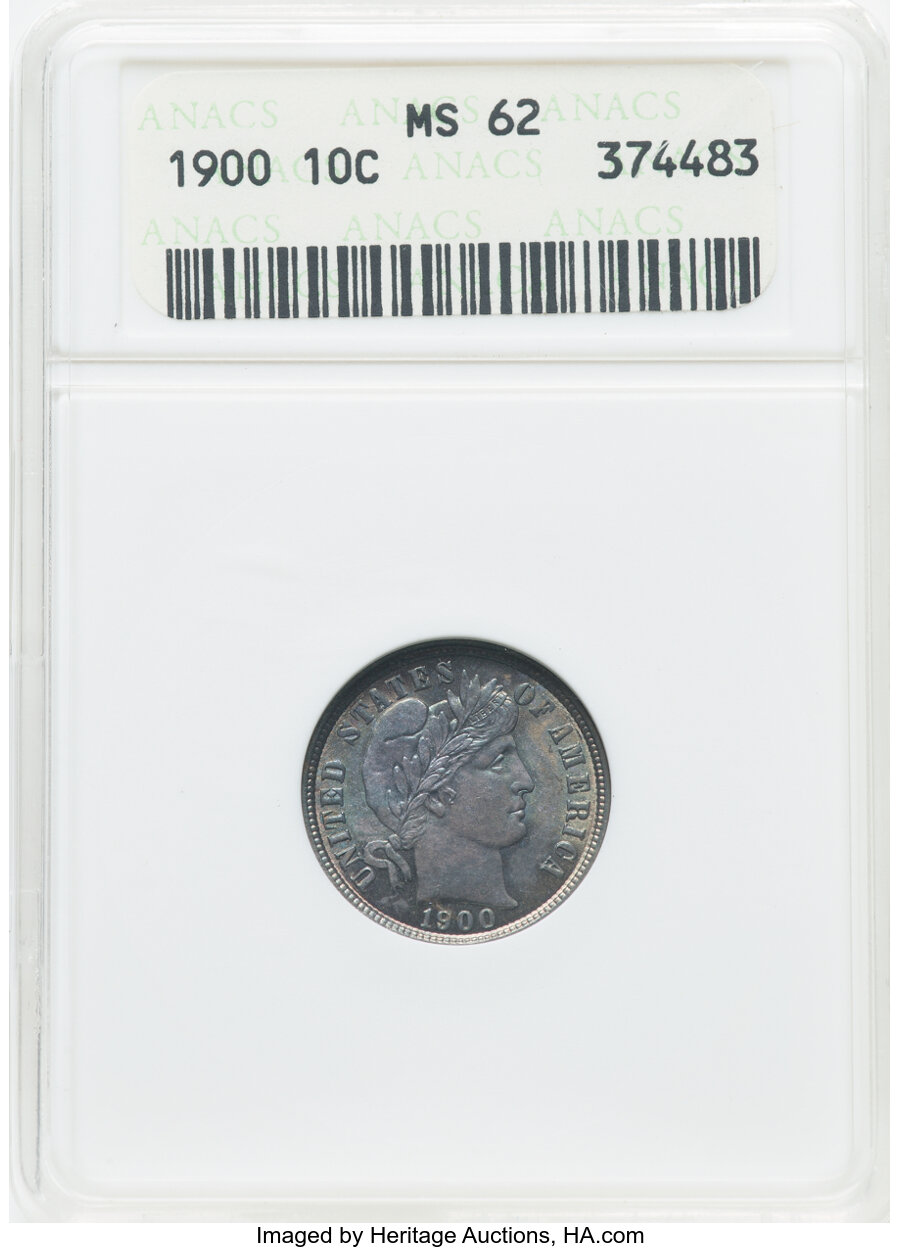1900 10C MS62 ANACS. Mintage 17,600,912. ...
