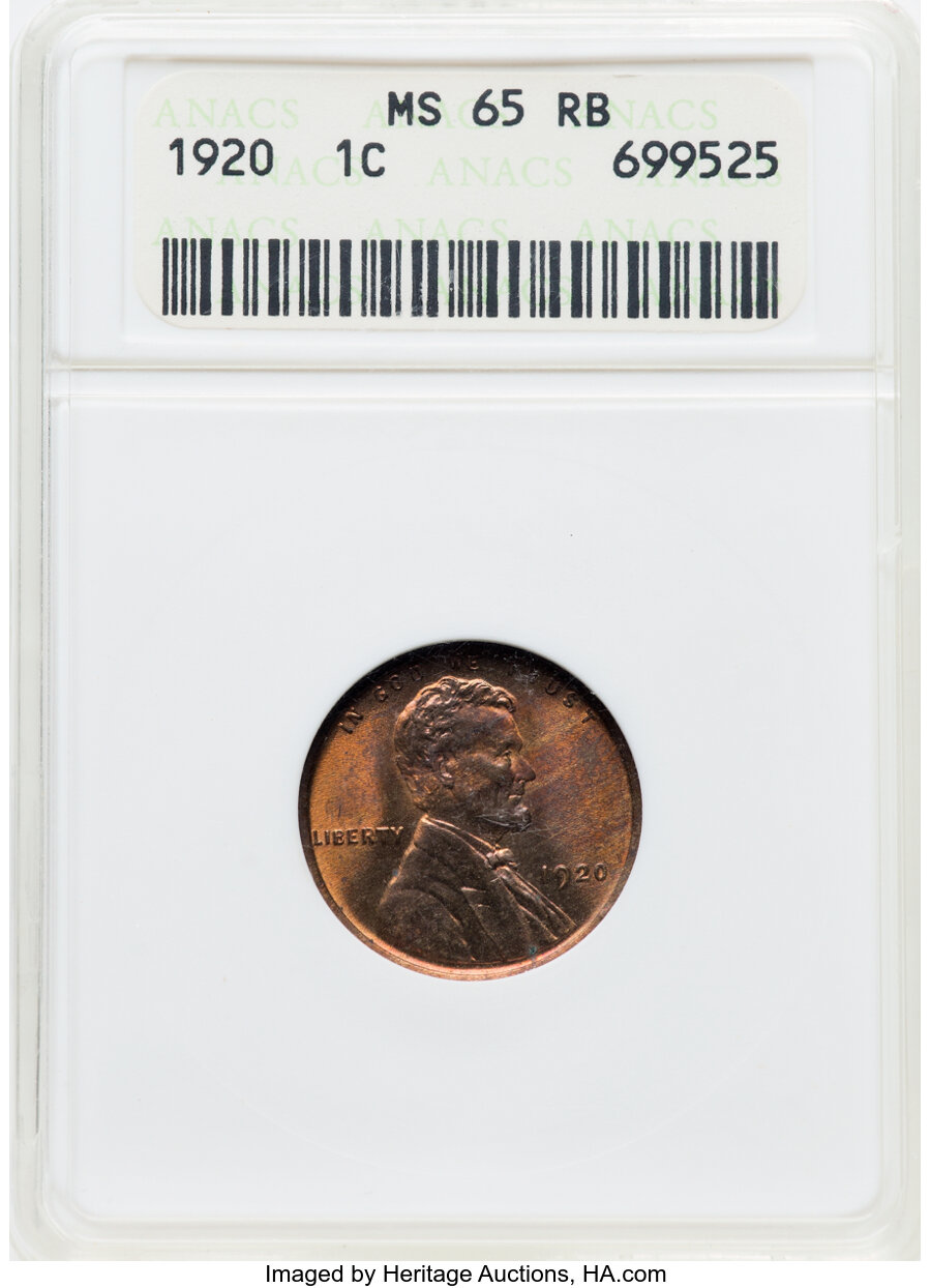 1920 1C MS65 Red and Brown ANACS. Mintage 310,165,000. ...