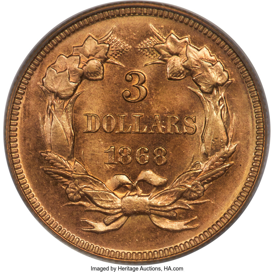 1868 $3 MS63 CAC thumbnail 2