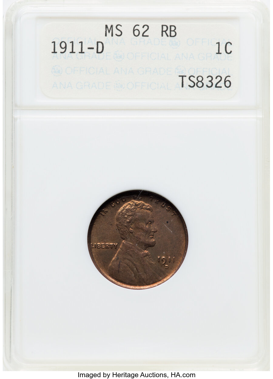 1911-D 1C MS62 Red and Brown ANACS. Mintage 12,672,000. ...