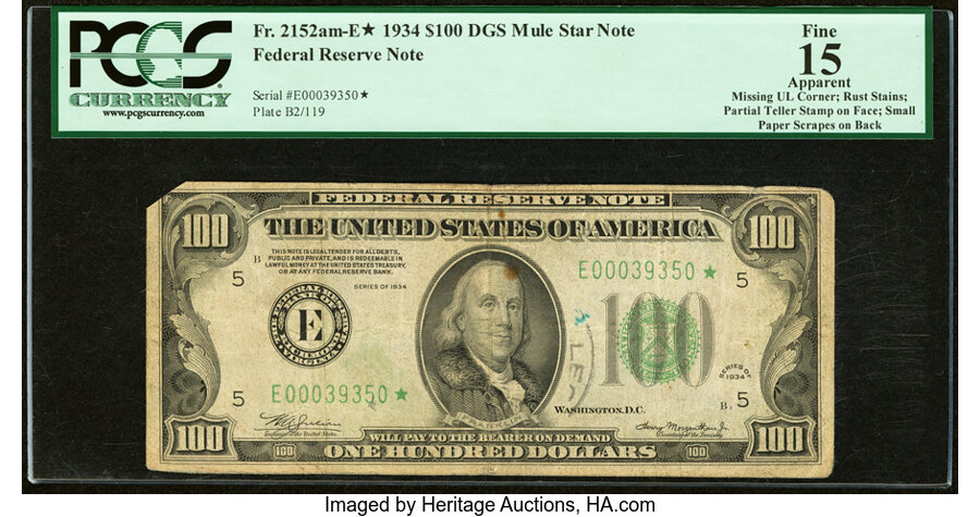 Fr. 2152-E* $100 1934 Mule Federal Reserve Star Note. PCGS Apparent Fine 15. ...