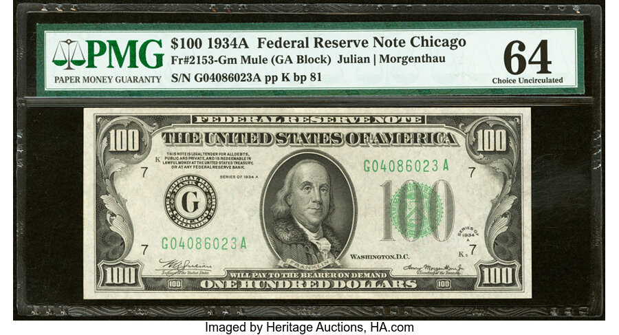 Fr. 2153-G $100 1934A Mule Federal Reserve Note. PMG Choice Uncirculated 64. ...