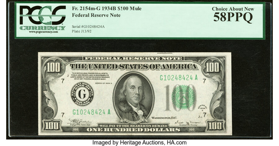 Fr. 2154-G $100 1934B Federal Reserve Note. PCGS Choice About New 58PPQ. ...