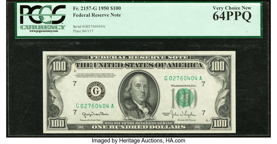 Fr. 2157-G $100 1950 Federal Reserve Note. PCGS Very Choice New 64PPQ. ...