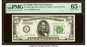image for: Fr. 1952-L $5 1928B Federal Reserve Note. PMG Gem Uncirculated 65 EPQ....