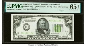 image for: Fr. 2102-K $50 1934 Light Green Seal Federal Reserve Note. PMG Gem Uncirculated 65 EPQ....