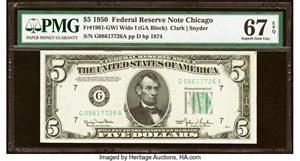 image for: Fr. 1961-G $5 1950 Wide I Federal Reserve Note. PMG Superb Gem Unc 67 EPQ....