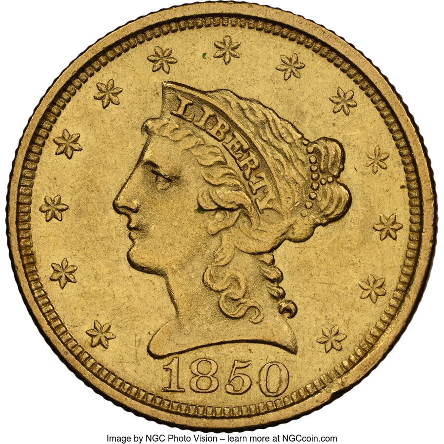 1850 $2 1/2 MS61 NGC. NGC Census: (58/56). PCGS Population: (31/55). CDN: $900 Whsle. Bid for NGC/PCGS MS61. Mintage 252,92...