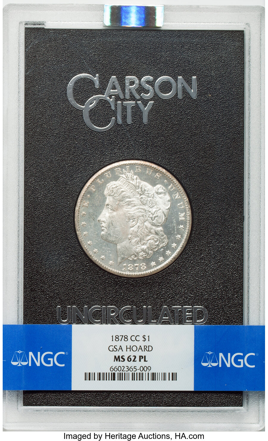 1878-CC $1 GSA MS62 Prooflike NGC. Box and COA Included. NGC Census: (77/202). PCGS Population: (4/26). MS62. Mintage 2,212...