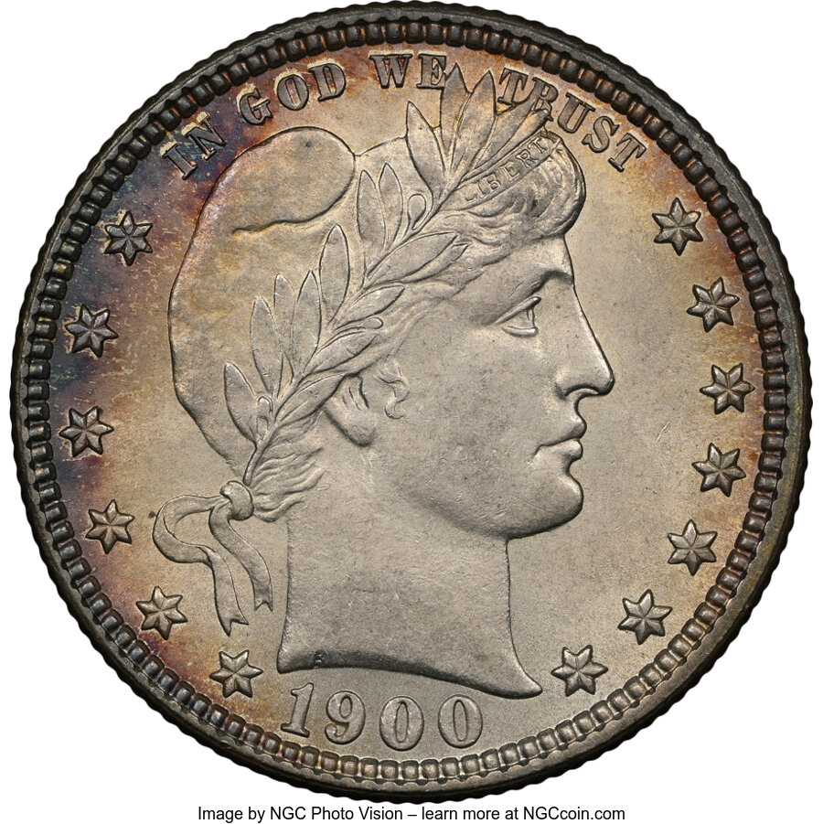 1900 25C MS62 NGC. NGC Census: (33/181). PCGS Population: (45/182). CDN: $230 Whsle. Bid for NGC/PCGS MS62. Mintage 10,016,...