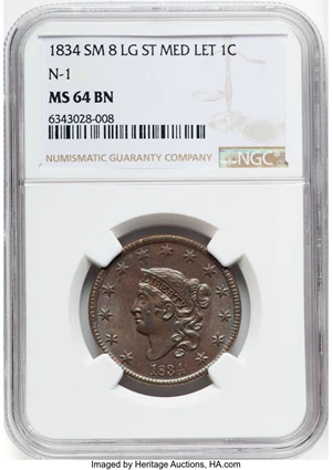 image for: 1834 1C Small 8, Large Stars, Medium Letters, N-1, R.1, MS64 Brown NGC. NGC Census: (4/2). PCGS Population: (4/1). MS64. ...
