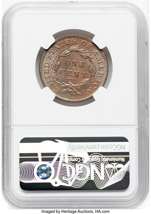 image for: 1834 1C Small 8, Large Stars, Medium Letters, N-1, R.1, MS64 Brown NGC. NGC Census: (4/2). PCGS Population: (4/1). MS64. ...