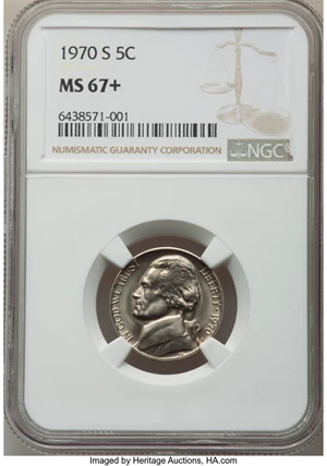 image for: 1970-S 5C MS67+ NGC. NGC Census: (10/0 and 1/0+). PCGS Population: (1/0 and 0/0+). Mintage 214,464,814. ...