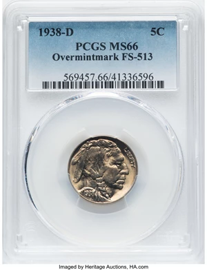 image for: 1938-D/S 5C FS-513 MS66 PCGS. PCGS Population: (18/4). NGC Census: (0/0). MS66. Mintage 7,020,000. ...