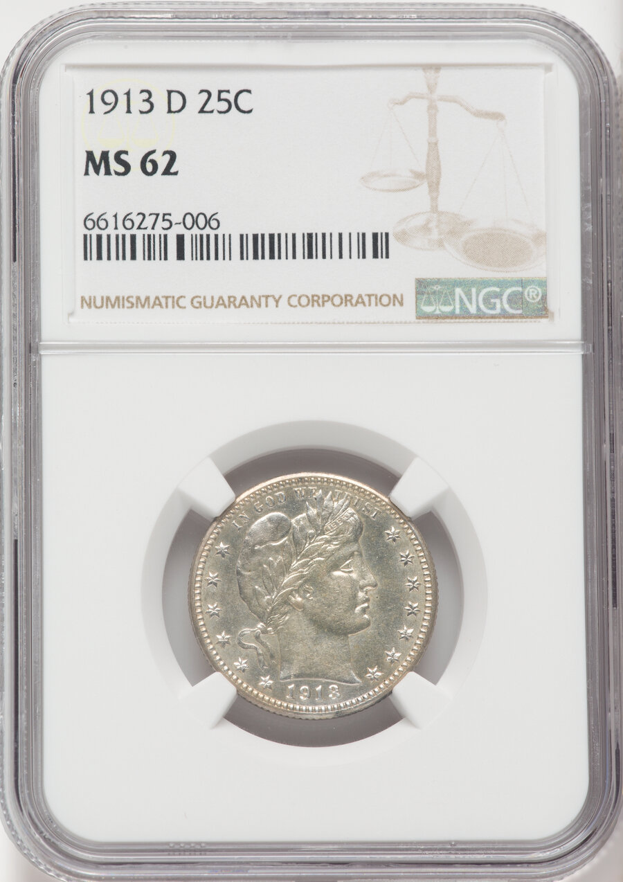 1913-D 25C MS62 NGC. NGC Census: (28/92). PCGS Population: (43/135). CDN: $350 Whsle. Bid for NGC/PCGS MS62. Mintage 1,450,...
