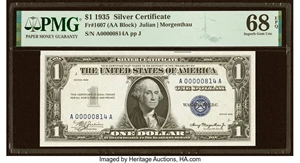 image for: Low Serial Number 814 Fr. 1607 $1 1935 Silver Certificate. PMG Superb Gem Unc 68 EPQ....