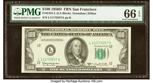 image for: Fr. 2161-L $100 1950D Federal Reserve Note. PMG Gem Uncirculated 66 EPQ....
