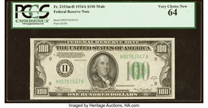 image for: Fr. 2153-H $100 1934A Mule Federal Reserve Note. PCGS Very Choice New 64....