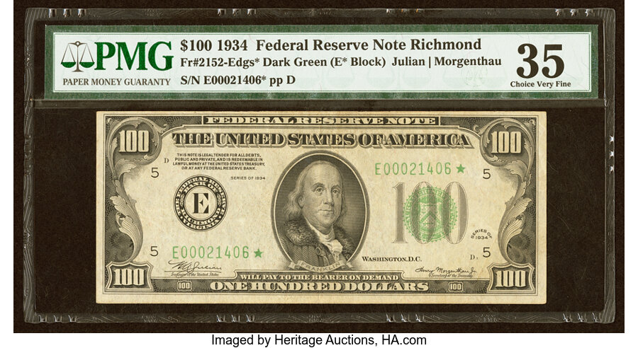 Fr. 2152-E* $100 1934 Federal Reserve Star Note. PMG Choice Very Fine 35. ...