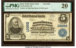 image for: New York, NY - $5 1902 Plain Back Fr. 612 The Brooklyn National Bank Ch. # 13292 PMG Very Fine 20....