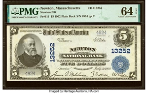 image for: Newton, MA - $5 1902 Plain Back Fr. 611 Newton National Bank Ch. # 13252 PMG Choice Uncirculated 64 EPQ....