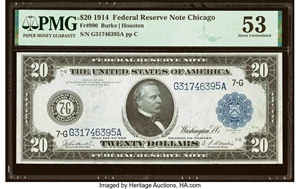 image for: Fr. 990 $20 1914 Federal Reserve Note PMG About Uncirculated 53....