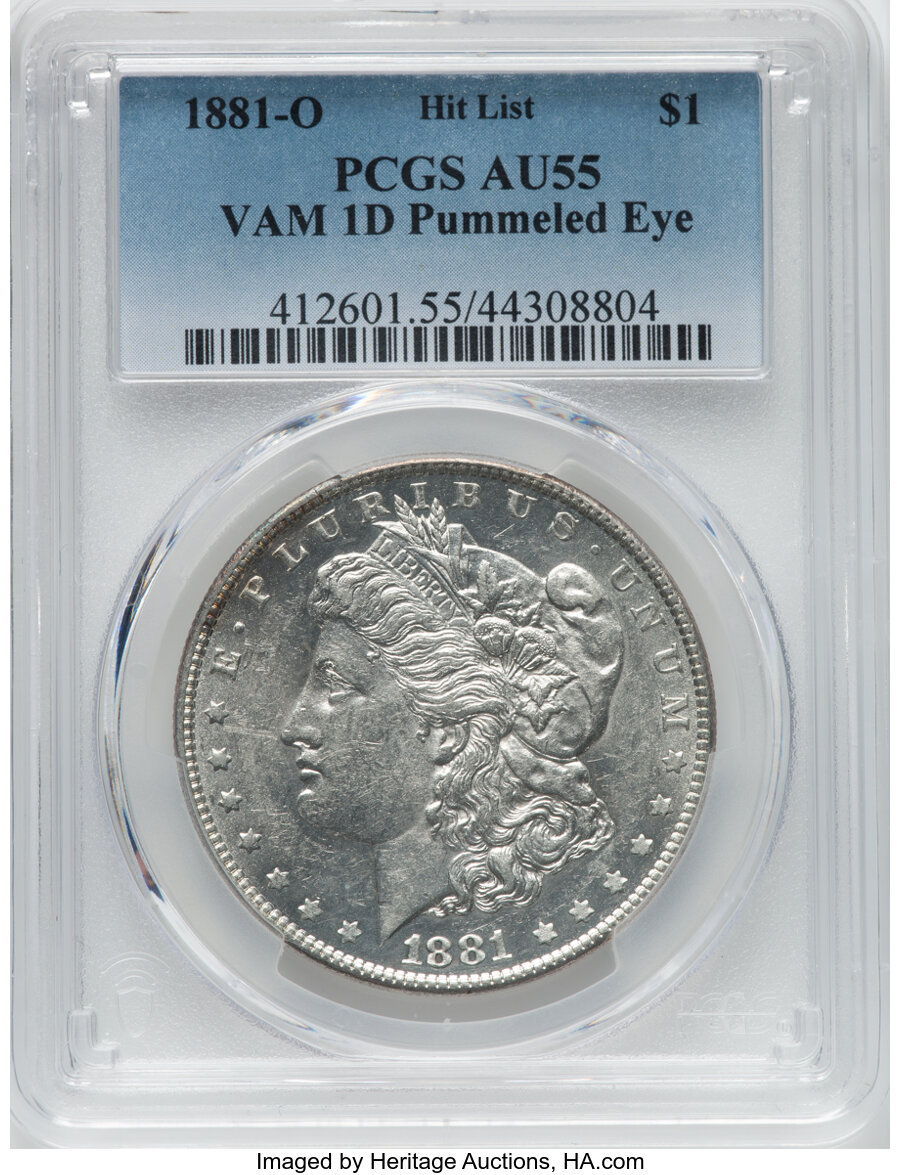 1881-O $1 Pummeled Eye, VAM-1D, AU55 PCGS. Hit List. PCGS Population: (13/35). NGC Census: (0/0). AU55. ...