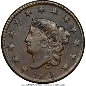 image for: 1829 1C Large Letters, N-1, R.3, AU53 NGC. NGC Census: (1/8). PCGS Population: (0/6). AU53. Mintage 1,414,500. ...