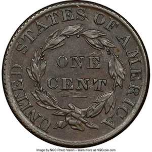 image for: 1829 1C Large Letters, N-1, R.3, AU53 NGC. NGC Census: (1/8). PCGS Population: (0/6). AU53. Mintage 1,414,500. ...