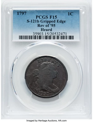 image for: 1797 1C Reverse of 1795, Gripped Edge, S-121b, B-3b, R.3, Fine 15 PCGS. PCGS Population: (1/4). NGC Census: (0/4). CDN: $90...