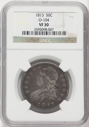 image for: 1813 50C O-104, R.4, VF30 NGC. NGC Census: (1/8). PCGS Population: (4/13). CDN: $286 Whsle. Bid for NGC/PCGS VF30. Mintage ...