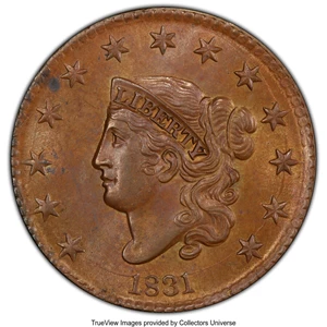 image for: 1831 1C Large Letters, N-1, R.1, MS63 Brown PCGS. Ex: COL Ellsworth Collection. PCGS Population: (2/1 and 0/1+). NGC Census...
