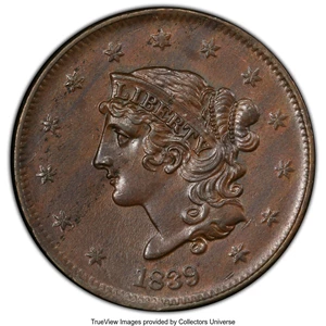 image for: 1839 1C Booby Head, N-14, R.3, MS62 Brown PCGS. Ex: COL Ellsworth Collection. PCGS Population: (2/5 and 0/1+). NGC Census: ...