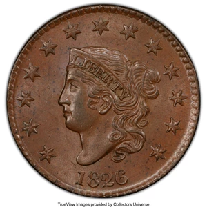 image for: 1826 1C N-7, R.1, MS63+ Brown PCGS. Ex: COL Ellsworth Collection. PCGS Population: (2/6 and 1/1+). NGC Census: (3/3 and 0/0...