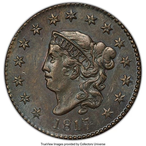 image for: 1817 1C 15 Stars, N-16, R.1, AU58 PCGS. Ex: COL Ellsworth Collection. PCGS Population: (4/6 and 0/0+). NGC Census: (7/10 an...