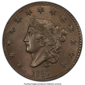 image for: 1830 1C Large Letters, N-1, R.1, MS64 Brown PCGS. CAC. Ex: COL Ellsworth Collection. PCGS Population: (3/1 and 0/0+). NGC C...