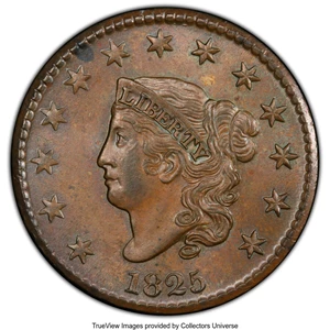 image for: 1825 1C N-6, R.3, MS63 Brown PCGS. Ex: COL Ellsworth Collection. PCGS Population: (2/4 and 0/0+). NGC Census: (1/2 and 0/0+...