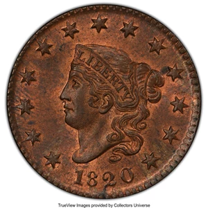 image for: 1820 1C Small Date, N-15, R.2, MS63 Red and Brown PCGS. CAC. Ex: COL Ellsworth Collection. PCGS Population: (3/3 and 0/0+)....
