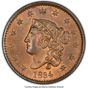 image for: 1834 1C N-4 , Large 8 , Small Stars , Medium Letters MS65 Red and Brown PCGS. Ex: Naftzger Collection. PCGS Population: (2/...