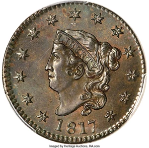 image for: 1817 1C 13 Stars MS66 Brown PCGS. CAC. PCGS Population: (3/0 and 0/0+). NGC Census: (2/0 and 0/0+). CDN: $9,000 Whsle. Bid ...