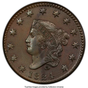 image for: 1824 1C N-4, R.2, MS61 Brown PCGS. Ex: COL Ellsworth Collection. PCGS Population: (1/5 and 0/0+). NGC Census: (1/3 and 0/0+...
