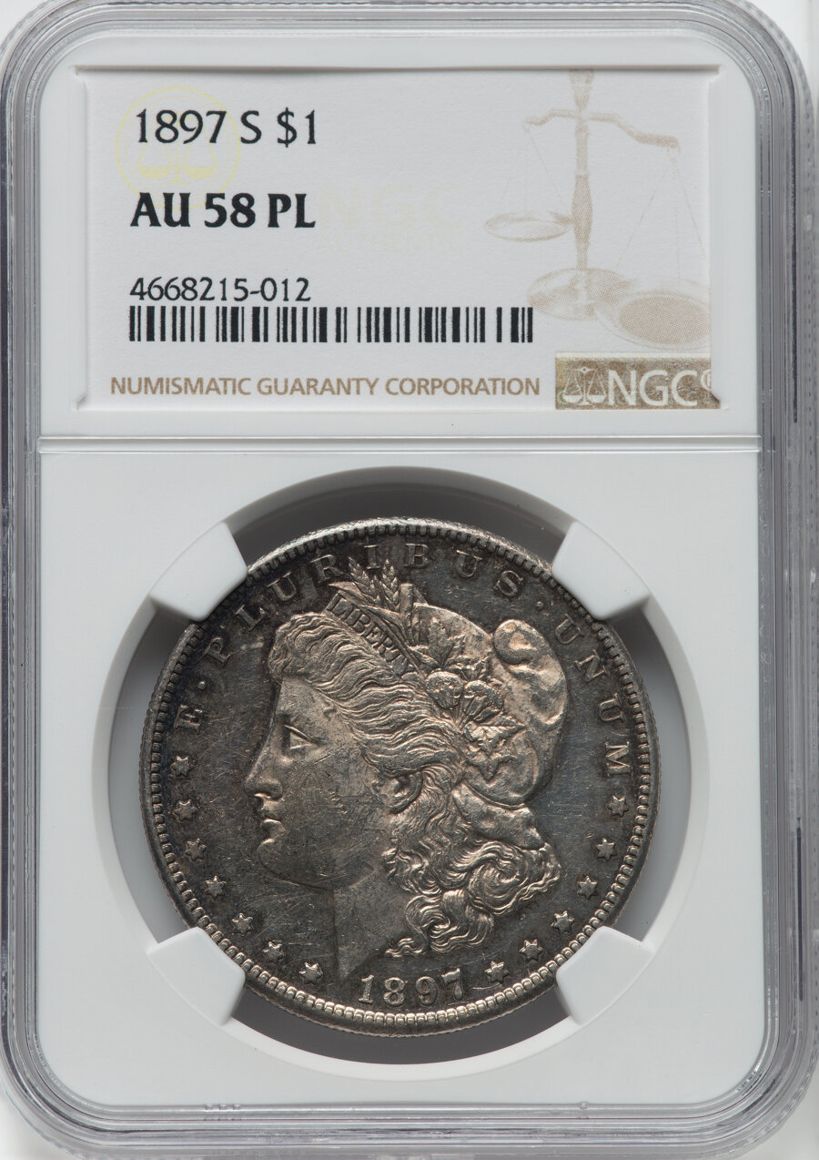 1897-S $1 AU58 Prooflike NGC. NGC Census: (24/769). PCGS Population: (0/1115). CDN: $120 Whsle. Bid for NGC/PCGS AU58. Mint...