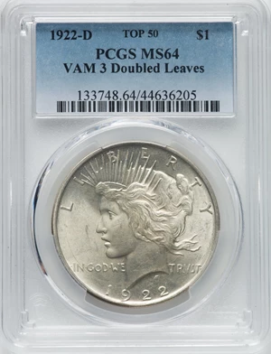 image for: 1922-D $1 VAM-3, Doubled Leaves MS64 PCGS. PCGS Population: (9/3). NGC Census: (0/0). CDN: $660 Whsle. Bid for NGC/PCGS MS6...