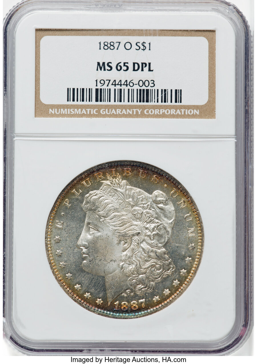 1887-O $1 MS65 Deep Mirror Prooflike NGC. The 1887-O is one of the better produced New Orleans issues, although Gem Uncircu...