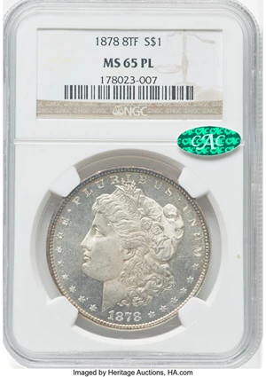 image for: 1878 8TF $1 MS65 Prooflike NGC. CAC. NGC Census: (8/0). PCGS Population: (14/0). CDN: $3,500 Whsle. Bid for NGC/PCGS MS65. ...