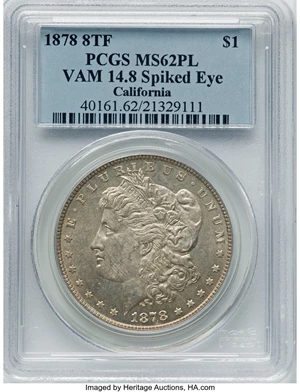 image for: 1878 8TF $1 VAM-14.8, Spiked Eye, MS62 PCGS. Ex: California. PCGS Population: (4/2). NGC Census: (2/1). CDN: $800 Whsle. Bi...